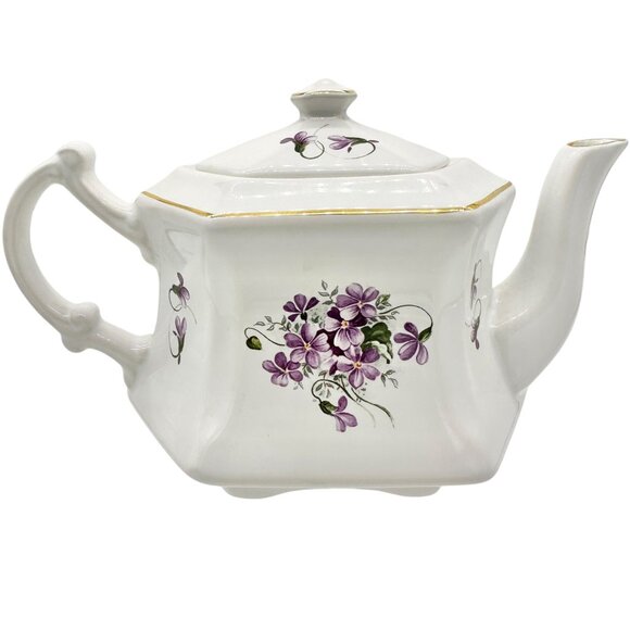 Vtg Kernewek Teapot w Lid English Bone China Hexagonal White w Purple Florals - Picture 7 of 9